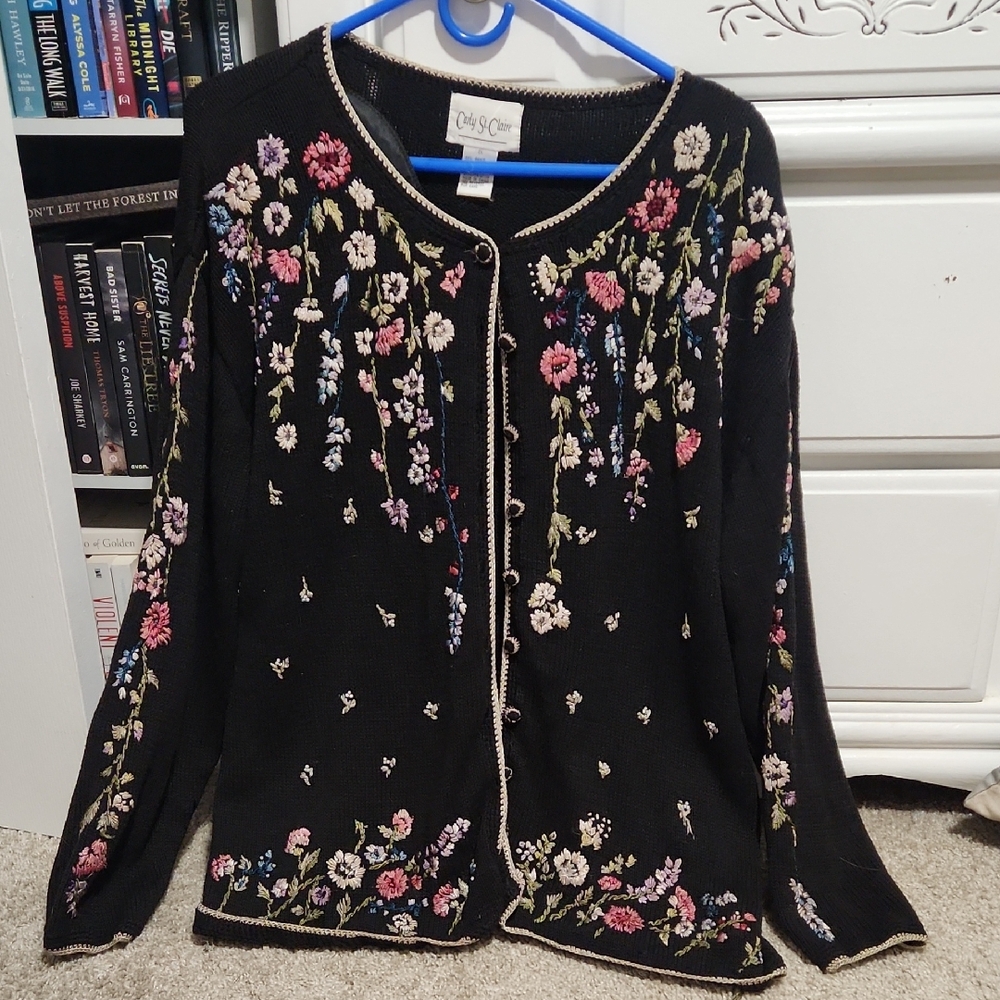 Black Floral Embroidered Cardigan